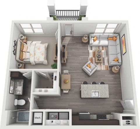 Floor plan for 1 bed, 1 bath, 793 sqft